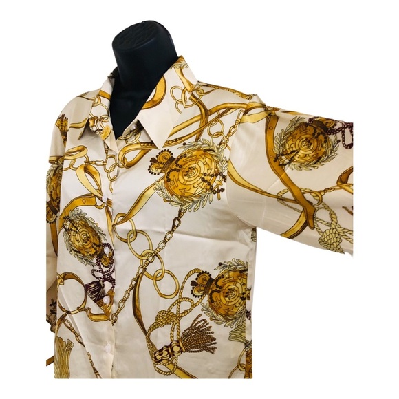 Designer look ivory satin look gold chain print button down blouse top size XL - Picture 7 of 16